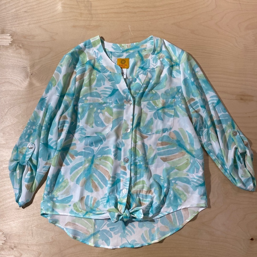 Ruby Rd. Aqua Teal Leaf Button-Front Tie Hem Blouse PM (QO)